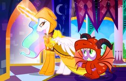 Size: 1000x647 | Tagged: safe, artist:pixelkitties, princess celestia, spike, dragon, g4, clothes, cosplay, costume, duo, the great red dragon and the woman clothed in sun, william blake