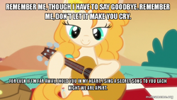 Size: 800x450 | Tagged: safe, edit, edited screencap, screencap, pear butter, g4, the perfect pear, coco (disney movie), disney, guitar, image macro, makeameme.org, meme, remember me, spoilers for another series, you're in my head like a catchy song