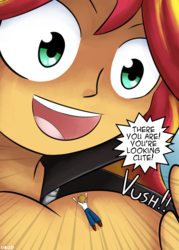 Size: 940x1310 | Tagged: safe, artist:dinobirdofdoom, sunset shimmer, oc, oc:vanilla beam, human, equestria girls, g4, clothes, commission, cute, dialogue, hand, human male, male, micro, open mouth, palm, shrunk, speech bubble