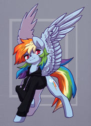 Size: 1403x1929 | Tagged: safe, artist:koviry, rainbow dash, pegasus, pony, g4, abstract background, backwards cutie mark, clothes, female, hoodie, looking at you, mare, multicolored hair, patreon, patreon reward, raised hoof, red eyes, simple background, smiling, solo, spread wings, wings