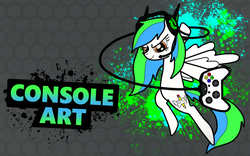 Size: 900x563 | Tagged: safe, artist:metal-jacket444, oc, oc only, oc:console art, pegasus, pony, fighting is magic, controller, female, flying, headphones, mare, solo, spread wings, wings