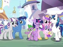 Size: 2732x2048 | Tagged: safe, artist:justsomepainter11, night light, princess cadance, princess flurry heart, shining armor, spike, twilight sparkle, twilight velvet, alicorn, dragon, pony, g4, family, high res, show accurate, sparkle family, spike's family, twilight sparkle (alicorn)