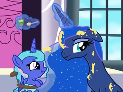 Size: 2732x2048 | Tagged: safe, artist:justsomepainter11, princess luna, oc, oc:aurora slumber, pony, g4, baby, baby pony, female, high res, like mother like daughter, like parent like child, mother and child, mother and daughter, offspring, parent:oc:supernova, parent:princess luna, parents:canon x oc, show accurate