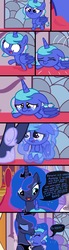 Size: 1100x3999 | Tagged: safe, artist:justsomepainter11, princess luna, oc, oc:aurora slumber, pony, g4, baby, baby pony, comic, crying, dialogue, female, like mother like daughter, like parent like child, mother and child, mother and daughter, offspring, parent:oc:supernova, parent:princess luna, parents:canon x oc, show accurate