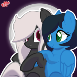 Size: 2000x2000 | Tagged: source needed, safe, artist:ribiruby, oc, oc only, oc:midnight ruby, oc:sapphire nebula, bat pony, pegasus, pony, adventure in the comments, bat pony oc, colored pupils, comments locked down, cuddling, cute, cute little fangs, fangs, featured image, feels, female, full moon, green eyes, high res, long mane, looking at each other, mare, memorial, moon, ocbetes, purple background, rest in peace, simple background, smiling, wings