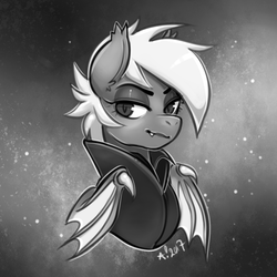 Size: 700x700 | Tagged: safe, artist:stardrawsponies, oc, oc only, oc:snow drift, bat pony, bat pony oc, bust, clothes, fangs, female, grayscale, looking at you, mare, monochrome, solo