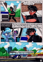 Size: 1381x1993 | Tagged: safe, artist:newyorkx3, princess luna, oc, oc:tommy, human, comic:young days, g4, bus, car, chevrolet caprice, comic, dialogue, gm new look, manehattan, music notes, s1 luna, taxi, traditional art