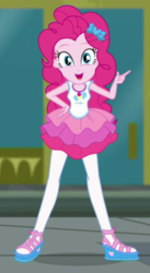 Size: 329x600 | Tagged: safe, screencap, pinkie pie, equestria girls, g4, my little pony equestria girls: better together, super squad goals, clothes, cropped, female, geode of sugar bombs, pantyhose, rah rah skirt, skirt, solo