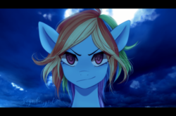 Size: 1280x845 | Tagged: safe, artist:sugarberry, rainbow dash, pony, g4, alternate hairstyle, bust, female, looking at you, mare, multicolored hair, night, smiling, smirk, solo