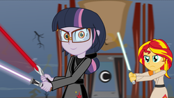 Size: 1280x720 | Tagged: safe, artist:amante56, sci-twi, sunset shimmer, twilight sparkle, equestria girls, g4, corrupted, darth midnight, duel of the fates, duo, jedi, lightsaber, sith, star wars, twilight is anakin, weapon