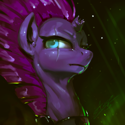 Size: 720x720 | Tagged: safe, artist:assasinmonkey, tempest shadow, pony, unicorn, g4, my little pony: the movie, broken horn, bust, digital painting, eye scar, female, horn, mare, quickie, scar, signature, solo