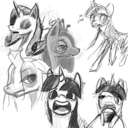 Size: 691x691 | Tagged: safe, artist:erijt, queen chrysalis, rarity, twilight sparkle, g4, bags under eyes, blushing, eating, monochrome, open mouth, sketch