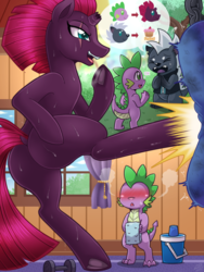 Size: 1000x1333 | Tagged: safe, alternate version, artist:vavacung, grubber, spike, tempest shadow, dragon, hedgehog, pony, unicorn, comic:my life as a short dragon, g4, my little pony: the movie, blushing, broken horn, butt, comic, cupcake, dialogue, dock, dumbbell (object), eye scar, facial scar, female, food, frog (hoof), horn, kicking, male, mare, older, older spike, open mouth, pictogram, plot, punching bag, scar, signature, sweat, sweatdrop, tempass, towel, underhoof, weights, workout