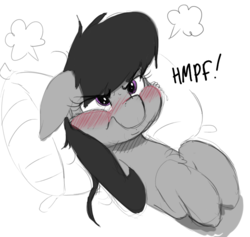 Size: 835x792 | Tagged: safe, artist:anearbyanimal, octavia melody, earth pony, pony, g4, angry, blushing, chest fluff, cute, embarrassed, female, floppy ears, frustrated, mare, messy mane, octavia is not amused, pillow, solo, tavibetes, unamused