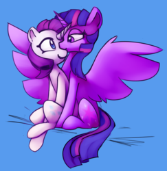 Size: 848x874 | Tagged: safe, artist:lilfunkman, rarity, twilight sparkle, alicorn, pony, unicorn, g4, blue background, crossed horns, cute, duo, female, horn, horns are touching, kissing, lesbian, looking at each other, mare, ship:rarilight, shipping, simple background, sitting, smiling, spread wings, twilight sparkle (alicorn), wings