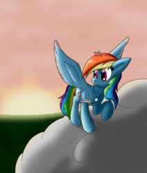 Size: 1700x2004 | Tagged: safe, artist:thebadgrinch, rainbow dash, pony, g4, cloud, fanfic, fanfic art, feather, female, jewelry, necklace, solo, sunset