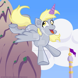 Size: 1024x1024 | Tagged: safe, artist:yoshimarsart, derpy hooves, pony, g4, my little pony: the movie, fake horn, female, hat, party hat, solo, watermark