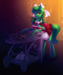Size: 1024x1207 | Tagged: safe, artist:limreiart, oc, oc only, oc:grass berrystop, earth pony, pony, bow, clothes, cup, female, grin, hair bow, maid, mare, smiling, solo, teacup, teapot, uniform