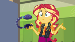 Size: 1280x720 | Tagged: safe, screencap, sunset shimmer, equestria girls, g4, my little pony equestria girls: better together, overpowered (equestria girls), canterlot high, clothes, door, female, geode of empathy, headphones, music room, shrug, shrugset shimmer, solo, spikes, standing
