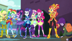 Size: 1280x720 | Tagged: safe, screencap, applejack, fluttershy, pinkie pie, rainbow dash, rarity, sci-twi, sugilite slight, sunset shimmer, twilight sparkle, equestria girls, g4, my little pony equestria girls: better together, super squad goals, boots, canterlot city, clothes, cowboy boots, crystal guardian, female, freckles, gloating, high heel boots, humane five, humane seven, humane six, pants, pantyhose, ponied up, shoes, superhero, thief, visor
