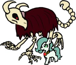 Size: 430x370 | Tagged: safe, artist:ficficponyfic, color edit, edit, editor:minus, oc, oc only, oc:emerald jewel, oc:lady elegance, chimera pony, dragon, earth pony, pony, undead, colt quest, amulet, bone, child, claws, colored, colt, female, foal, hair over one eye, horns, male, monster, red eyes, simple background, skull, stinger, transparent background