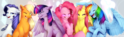 Size: 2000x600 | Tagged: safe, artist:aidapone, applejack, fluttershy, pinkie pie, rainbow dash, rarity, twilight sparkle, alicorn, earth pony, pegasus, pony, unicorn, g4, blonde, eyes closed, female, hatless, laughing, laughingmares.jpg, lip bite, looking at you, mane six, mare, missing accessory, multicolored hair, one eye closed, smiling, twilight sparkle (alicorn), underhoof