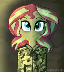 Size: 800x900 | Tagged: dead source, safe, artist:wubcakeva, sunset shimmer, equestria girls, g4, clothes, crying, female, military uniform, soldier, solo, uniform