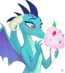Size: 848x947 | Tagged: safe, artist:ehfa, princess ember, dragon, g4, blushing, cotton candy, cute, dragon lord ember, emberbetes, female, simple background, solo, white background