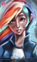 Size: 1650x2700 | Tagged: safe, artist:bunsogen, rainbow dash, human, g4, clothes, equestria girls outfit, female, humanized, looking at you, multicolored hair, solo