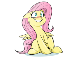 Size: 579x449 | Tagged: safe, artist:shoutingisfun, fluttershy, pegasus, pony, g4, blushing, female, floppy ears, grin, lip bite, mare, nervous, raised hoof, sheepish grin, simple background, sitting, smiling, solo, spread wings, sweat, sweatdrops, white background, wide eyes, wings