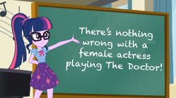 Size: 1024x575 | Tagged: safe, edit, edited screencap, screencap, sci-twi, twilight sparkle, equestria girls, g4, my little pony equestria girls: better together, overpowered (equestria girls), discussion in the comments, doctor who, drama, geode of telekinesis, jodie whittaker, mouthpiece, op has a point, sci-twi's chalkboard, thirteenth doctor, twilight sparkle's chalkboard