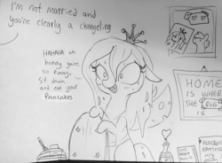 Size: 1708x1258 | Tagged: safe, artist:tjpones, queen chrysalis, changeling, changeling queen, g4, blatant lies, blushing, changelings in the comments, desperation, dialogue, duo, female, food, fork, grayscale, heart, implied shining armor, lineart, love potion, missing horn, monochrome, nervous, offscreen character, open mouth, pancakes, smiling, sweat, sweating profusely, traditional art