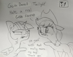 Size: 1471x1149 | Tagged: safe, artist:tjpones, applejack, twilight sparkle, alicorn, earth pony, pony, g4, censored, censored dialogue, dialogue, duo, ear fluff, female, floppy ears, freckles, grayscale, lies, lineart, looking at each other, mare, monochrome, open mouth, pointing, raised hoof, traditional art, tv-y7, twilight sparkle (alicorn)