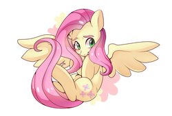 Size: 2039x1378 | Tagged: safe, artist:hosikawa, fluttershy, pegasus, pony, g4, blushing, cute, eyebrows, female, hooves to the chest, looking away, shy, shyabetes, simple background, solo, spread wings, white background, wings
