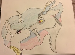 Size: 3225x2371 | Tagged: safe, artist:taka-scar-kovu01, discord, princess celestia, g4, female, heart eyes, high res, male, ship:dislestia, shipping, straight, traditional art, wingding eyes