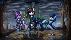 Size: 6000x3374 | Tagged: safe, artist:setharu, oc, oc only, oc:blackjack, oc:morning glory (project horizons), oc:p-21, oc:rampage, earth pony, pegasus, pony, unicorn, fallout equestria, fallout equestria: project horizons, absurd resolution, armor, barbed wire, city, clothes, hoofington, saddle bag, scenery, spikes, the core, wasteland