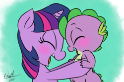 Size: 1214x800 | Tagged: safe, artist:emositecc, spike, twilight sparkle, dragon, pony, unicorn, g4, baby, baby dragon, baby spike, blushing, bust, cute, eyes closed, female, filly, filly twilight sparkle, laughing, male, mama twilight, open mouth, signature, smiling, spikabetes, spikelove, twiabetes, unicorn twilight, younger