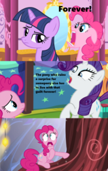 Size: 1280x2013 | Tagged: safe, edit, edited screencap, screencap, pinkie pie, rarity, twilight sparkle, earth pony, pony, unicorn, g4, green isn't your color, season 1, season 5, the one where pinkie pie knows, a taste of their own medicine, angry face, bed, carousel boutique, forever, freaking out, mirror, slowpoke, stars, tree roots, twilight's castle