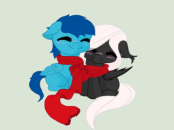 Size: 1024x768 | Tagged: artist needed, safe, oc, oc only, oc:cerulean circuit, oc:midnight ruby, bat pony, pegasus, pony, bat pony oc, blue hair, blushing, ceruby, clothes, eyes closed, prone, red scarf, scarf, shared clothing, shared scarf, smiling