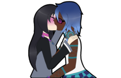 Size: 1024x665 | Tagged: safe, artist:crystal890, dj pon-3, octavia melody, vinyl scratch, human, g4, blushing, clothes, dark skin, eyes closed, female, glasses, headphones, humanized, kiss on the lips, kissing, lesbian, ship:scratchtavia, shipping, simple background, sunglasses, transparent background, vinyl's glasses