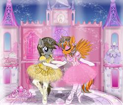Size: 2820x2400 | Tagged: safe, artist:avchonline, oc, oc only, oc:cold front, oc:disty, pegasus, pony, unicorn, semi-anthro, ballerina, ballet slippers, barbie, belle, bow, canterlot royal ballet academy, clothes, crossdressing, dancing, dollhouse, drawer, dress, eyeshadow, flower, gay, glitter, gloves, heart, high res, jewelry, makeup, male, pantyhose, puffy sleeves, rainbows, shipping, sissy, skirt, stallion, table, tea set, tiara, tights, tutu, wardrobe