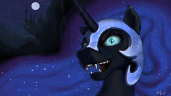 Size: 4310x2424 | Tagged: safe, artist:bigrigs, nightmare moon, alicorn, pony, g4, canterlot, crazy eyes, fangs, female, looking at you, mare, moon, snarling, solo, widescreen