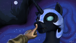 Size: 4310x2424 | Tagged: safe, alternate version, artist:bigrigs, nightmare moon, human, g4, boop, canterlot, first person view, high velocity booping action, horse nostril, imminent death, moon, offscreen character, pov, wallpaper, widescreen