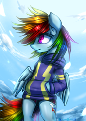 Size: 2480x3507 | Tagged: safe, artist:monochromacat, rainbow dash, pegasus, pony, semi-anthro, g4, bipedal, clothes, female, high res, mare, multicolored hair, solo, sweater