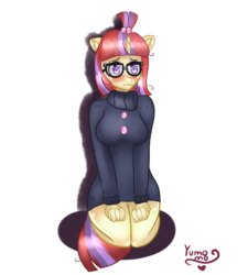 Size: 560x622 | Tagged: safe, artist:yumomochan, moondancer, anthro, g4, blushing, bottomless, clothes, female, glasses, looking at you, partial nudity, signature, simple background, solo, white background