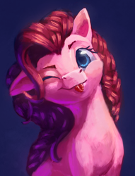 Size: 2560x3352 | Tagged: safe, artist:terrafomer, pinkie pie, earth pony, pony, g4, ;p, blue background, female, high res, looking at you, mare, one ear down, one eye closed, simple background, solo, tongue out, wink
