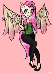 Size: 1615x2200 | Tagged: safe, artist:itsanemi, fluttershy, anthro, g4, clothes, pink background, simple background, smiling, spread wings, wings