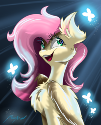 Size: 1536x1900 | Tagged: safe, artist:alexbluebird, fluttershy, butterfly, pegasus, pony, g4, bust, cheek fluff, chest fluff, ear fluff, eyelashes, female, looking away, open mouth, portrait, smiling, solo, speedpaint, wingding eyes, wings