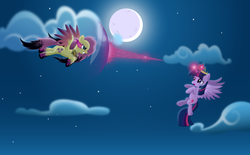 Size: 8000x4950 | Tagged: safe, artist:rainbownspeedash, fluttershy, twilight sparkle, alicorn, pony, g4, .ai available, absurd resolution, barrier, beam, big crown thingy 2.0, cloud, cloudy, colored wings, colored wingtips, corrupted, element of kindness, element of magic, evil, female, flying, force field, frown, glare, glowing eyes, gritted teeth, jewelry, magic, mare, moon, night, open mouth, possessed, regalia, sombra eyes, spread wings, teary eyes, tiara, twilight sparkle (alicorn), vector, wings