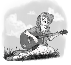 Size: 2880x2640 | Tagged: safe, artist:lightly-san, pear butter, earth pony, anthro, unguligrade anthro, g4, breasts, cleavage, clothes, female, flower, flower in hair, grayscale, guitar, high res, monochrome, sketch, solo